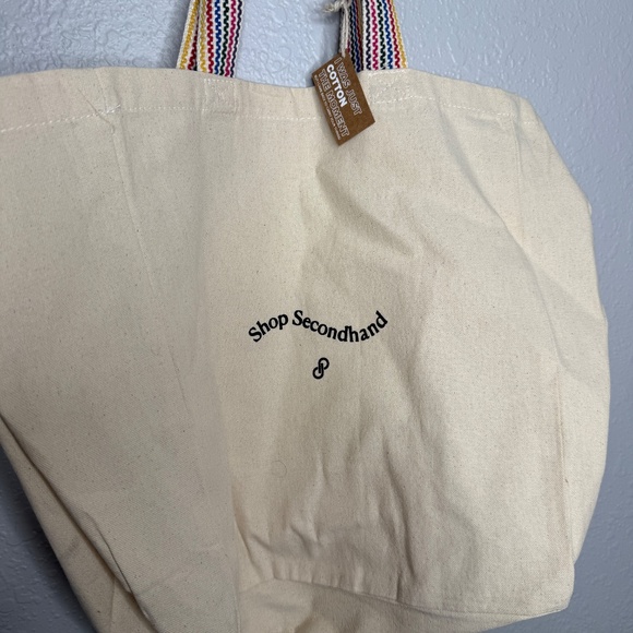 NWT Poshmark "Shop Secondhand " tote bag cream color with/rainbow striped straps - Picture 7 of 7